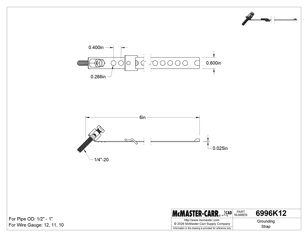Technical Drawing of Grounding Strap, for 1/2" to 1" Pipe OD, Galvanized Steel.
